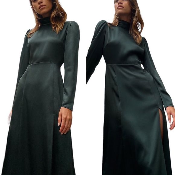 (SOLD) ARITZIA Wilfred Baja Satin Long Sleeve Mock-Neck Midi Maxi Dress Scarab 0 - Picture 3 of 12